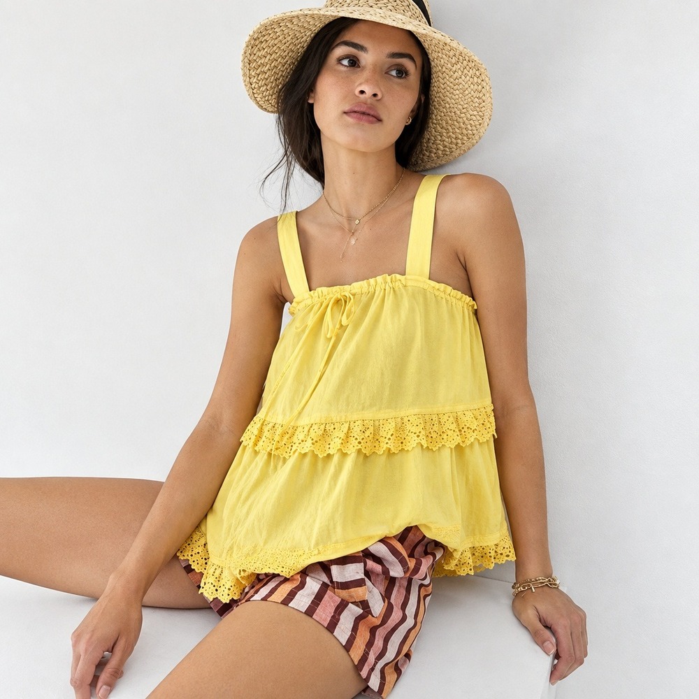 Anthropologie Yellow Eyelet Lace Trim Tiered Ruffle Tank Top Small